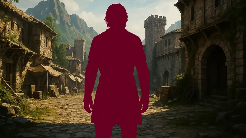 Скриншот из игры Crimson Desert, показывающий персонажа без оружия и щита за спиной, подчеркивающий функцию скрытия снаряжения.