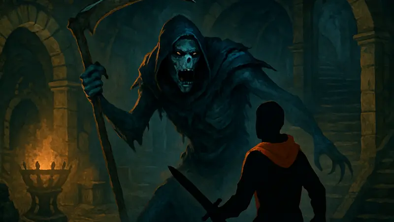 Изображение босса Синего Жнеца (Drowner) из игры Vampire Crawlers, нападающего на персонажа.