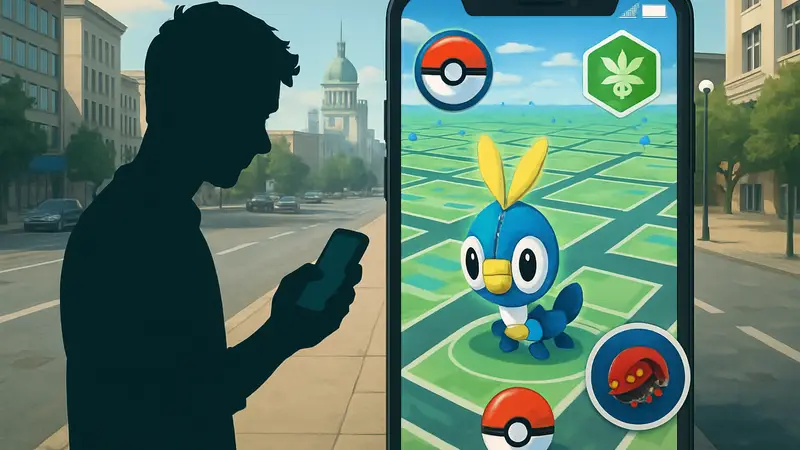 Игрок Pokémon Go ловит Blipbug на карте города, на фоне мобильного интерфейса и иконок события.