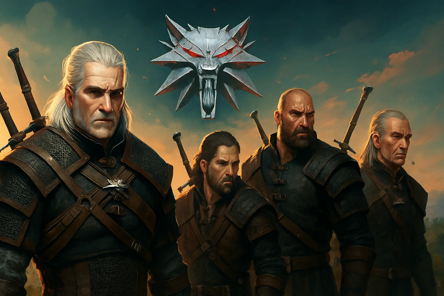 Геральт и другие ведьмаки из The Witcher 3 в мультиплеерном режиме, логотип игры.