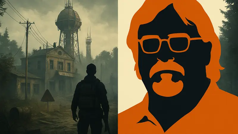 Скриншот игры PIONER, разделённый изображением Гейба Ньюэлла.