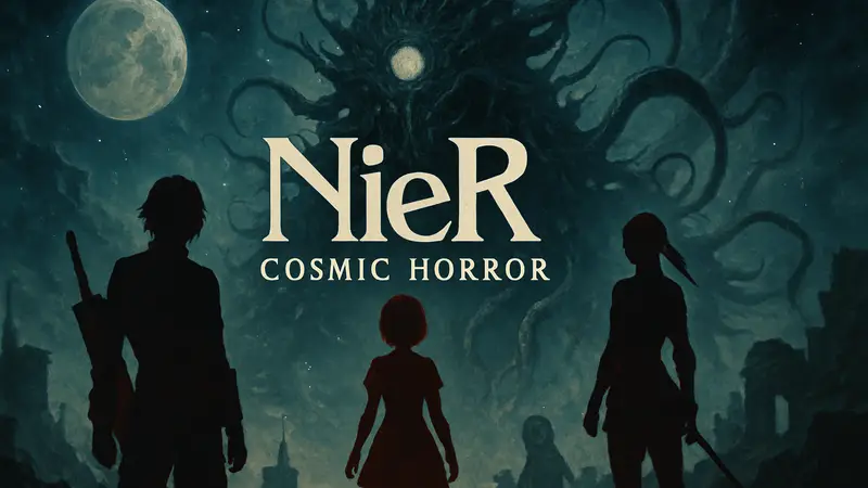 Логотип NieR: Cosmic Horror, элементы космического хоррора, персонажи NieR