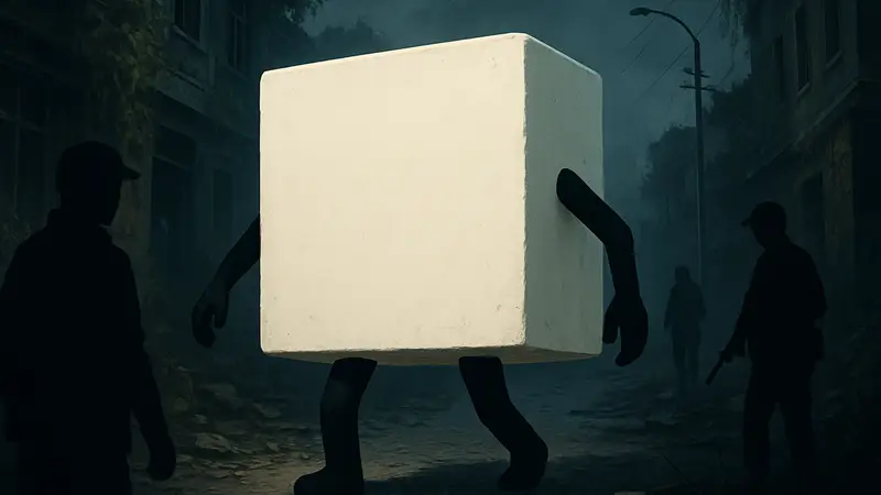 Изображение Тофу Выжившего из Resident Evil Requiem, квадратного белого персонажа с ногами и руками.