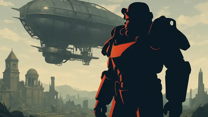 Герой Fallout 4 в силовой броне Братства Стали на фоне дирижабля Придвен.