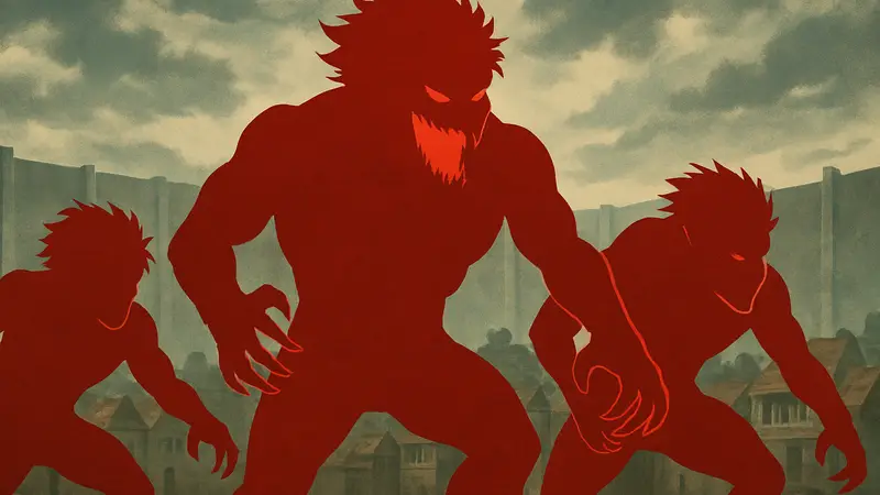 Персонажи из «Атаки Титанов» в формах Зубастого Титана, готовые к бою.