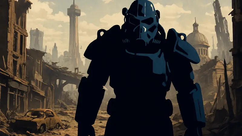 Главный герой Fallout 4 в силовой броне на фоне разрушенного Бостона, демонстрирующий особенности игрового мира Bethesda.