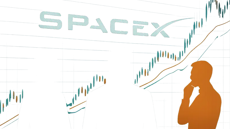 Логотип SpaceX на фоне графиков акций, символизирующий инвестиции и грядущее IPO.