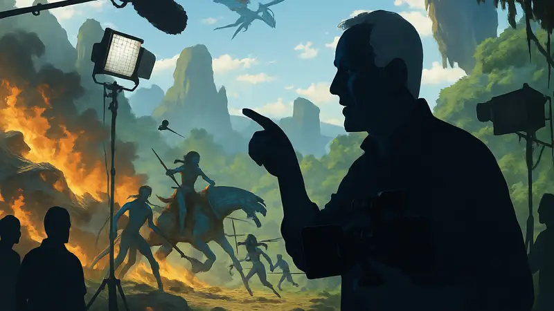 Джеймс Кэмерон за кулисами съёмок фильма "Аватар: Огонь и Пепел", демонстрирующий экшен-сцену.