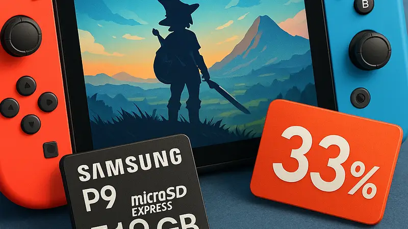 Карта памяти Samsung P9 microSD Express объёмом 512 ГБ, лежащая рядом с Nintendo Switch 2, демонстрирующая скидку 33%.