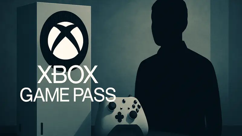 Логотип Xbox Game Pass на фоне консоли Xbox и игрового контроллера.