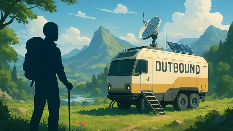 Обложка Outbound, мобильная база игрока на фоне живописного мира