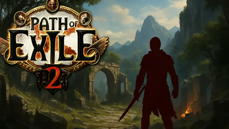 Логотип Path of Exile 2 и скриншот игрового процесса с героем на фоне фэнтезийного мира