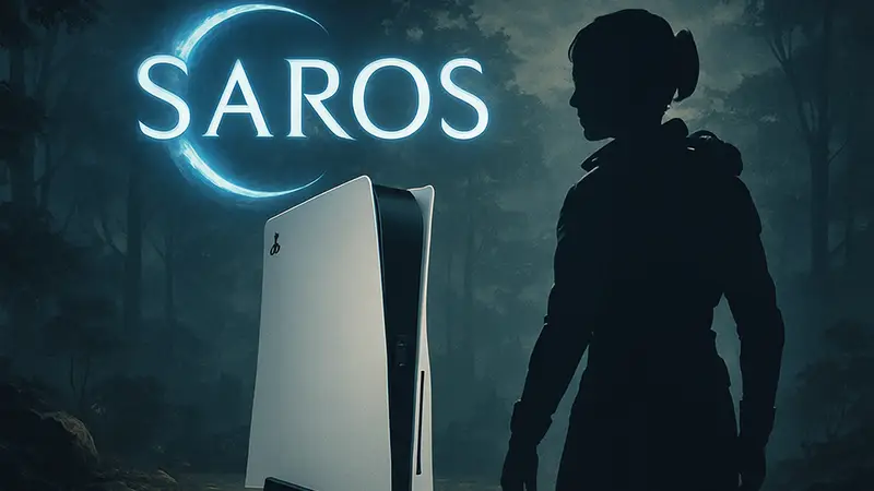 Логотип игры Saros на фоне консоли PlayStation