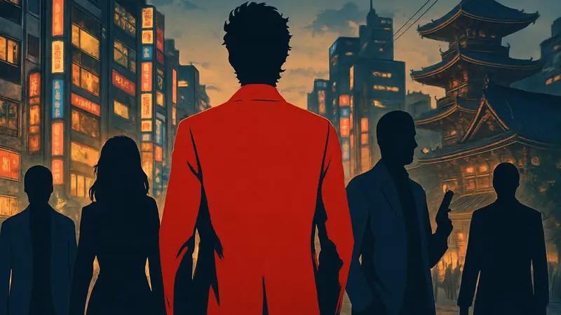 Обложка игры Stranger Than Heaven с персонажами в стиле Yakuza, на фоне японского города.