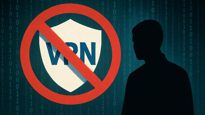 Символ VPN-сервиса, перечеркнутый красным крестом, на фоне цифровых кодов.