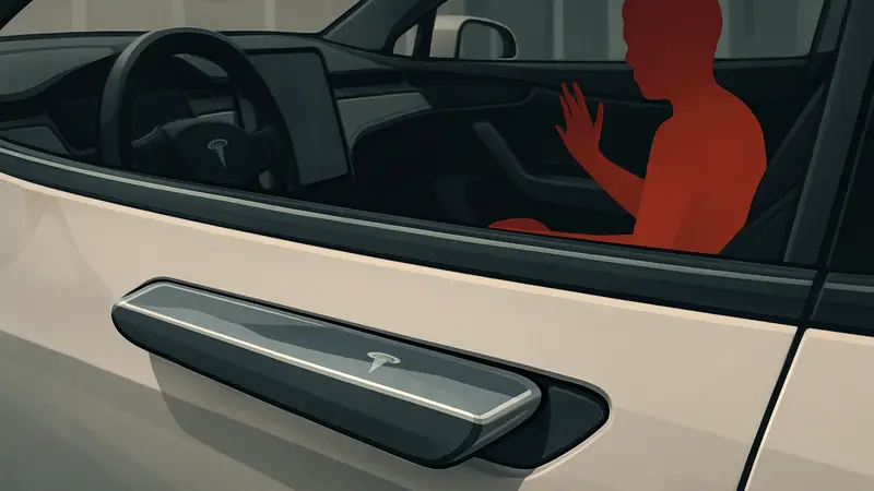 Дверная ручка автомобиля Tesla на фоне салона, символизирующая проблему безопасности