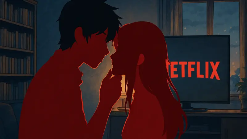Романтическая сцена из аниме, персонажи на фоне Netflix