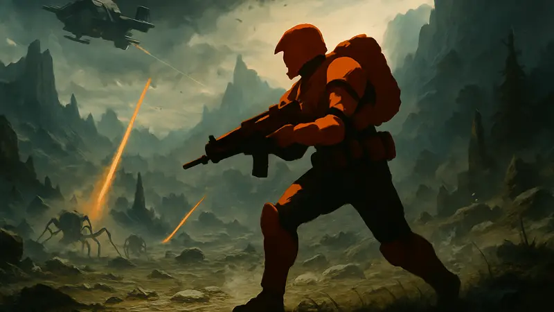 Персонаж Helldivers 2 в легкой броне, выполняющий миссию