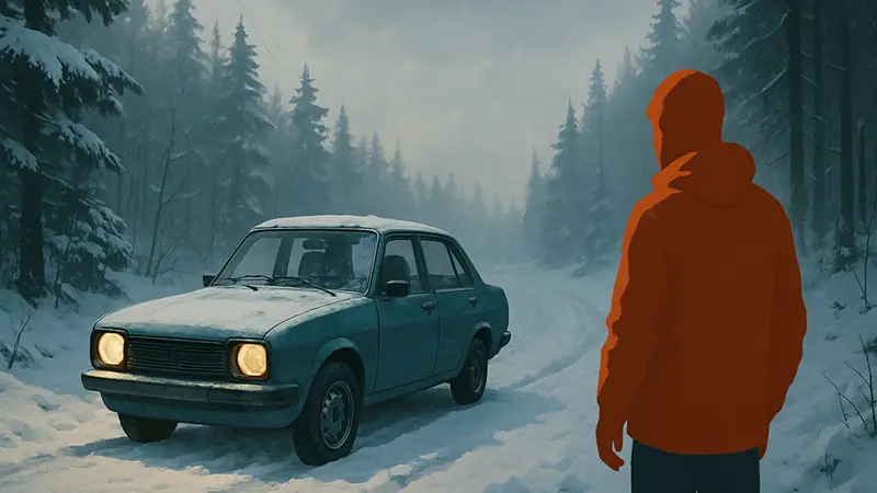 Зимний автомобиль на заснеженной дороге, скриншот из игры My Winter Car, имитирующей выживание.