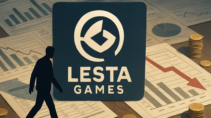 Логотип «Леста Игры» на фоне финансовых отчётов, символизирующих долги и проблемы.