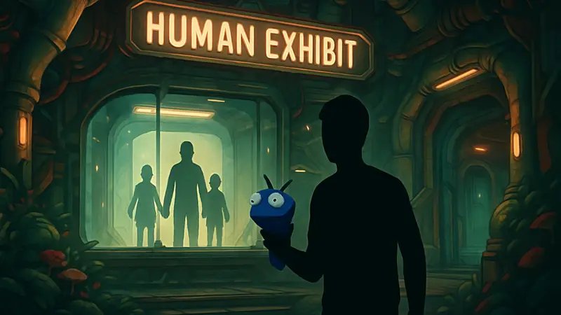 Кадр из High on Life 2 с вывеской "Human Exhibit" и главным героем.