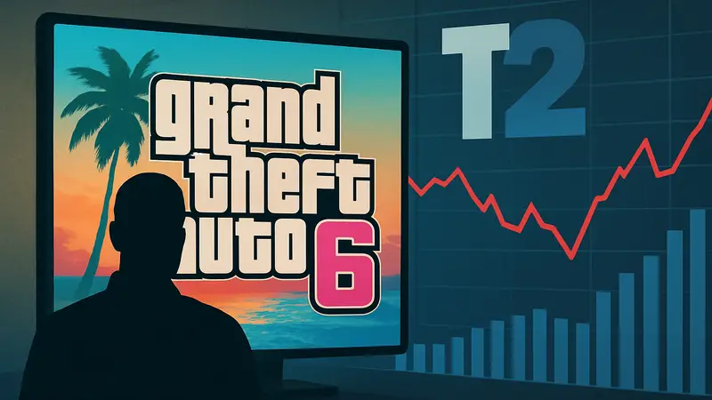 Логотип Grand Theft Auto 6 на фоне графика финансовых показателей Take-Two