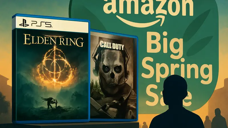 Игровые диски Elden Ring и Call of Duty на фоне логотипа Amazon Big Spring Sale.