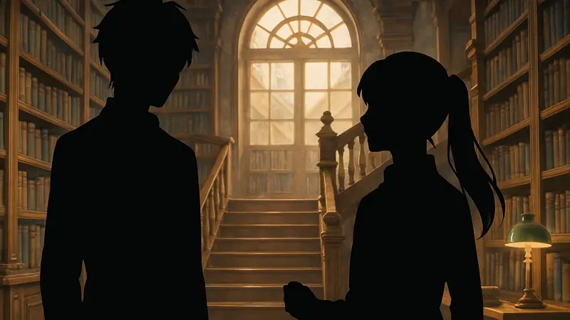 Тизер-постер аниме «Библиотека Косёдо: Файлы дел» с главными героями.