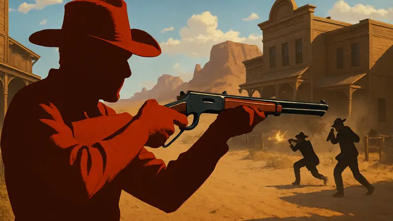 Игрок Far Far West использует винтовку Leveredge, на фоне перестрелка и ковбойский пейзаж.