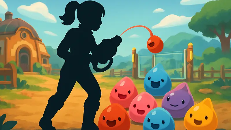 Девочка-фермер собирает разноцветных слизней на фоне фермы из игры Slime Rancher.