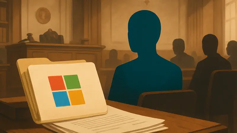 Microsoft в суде: логотип компании на фоне юридических документов или судебного заседания