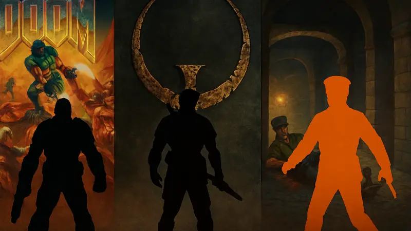 Игры id Software: обложки легендарных шутеров Doom, Quake и Wolfenstein на одной картинке.