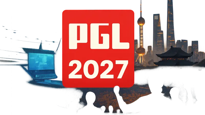 Логотип PGL на фоне киберспортивной арены в Китае, анонс турнира 2027 года