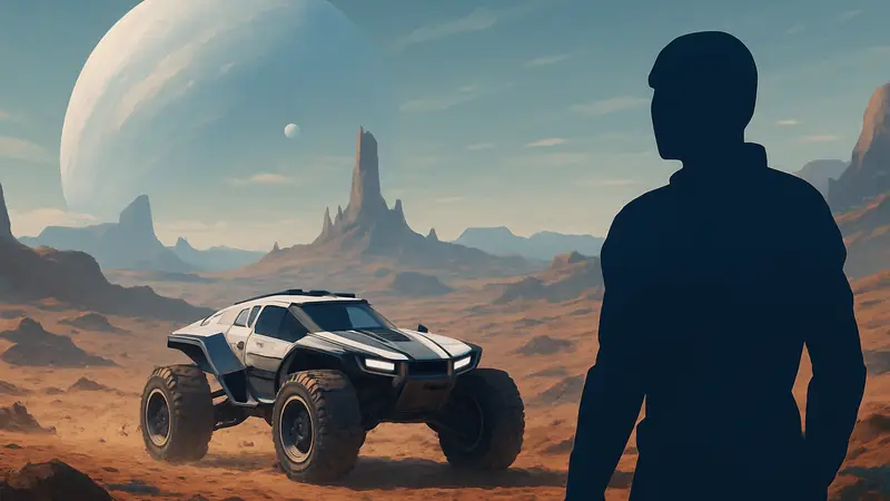Скриншот из игры Exo Rally Championship, показывающий гоночный багги на инопланетном ландшафте.
