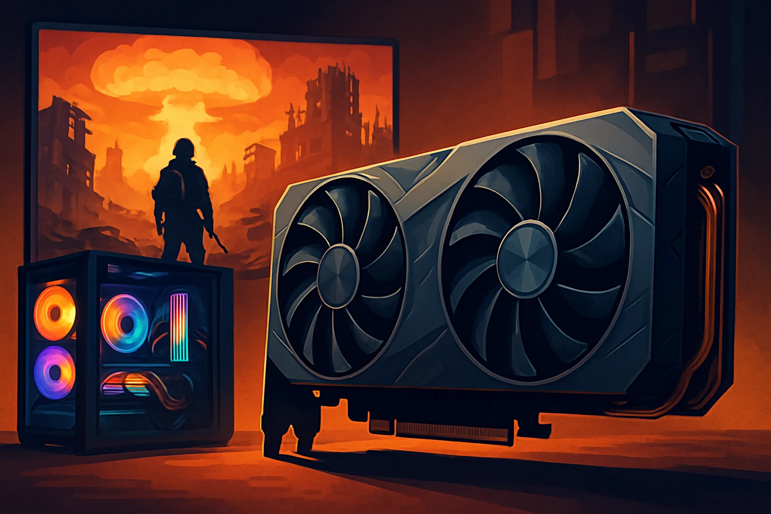 Изображение видеокарты (GPU) на фоне игрового компьютера, символизирующее дефицит и рост цен в 2026 году.