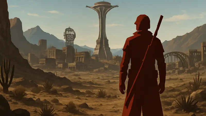Скриншот из Fallout: New Vegas с видами Пустоши Мохаве и персонажем. Игра без модов.