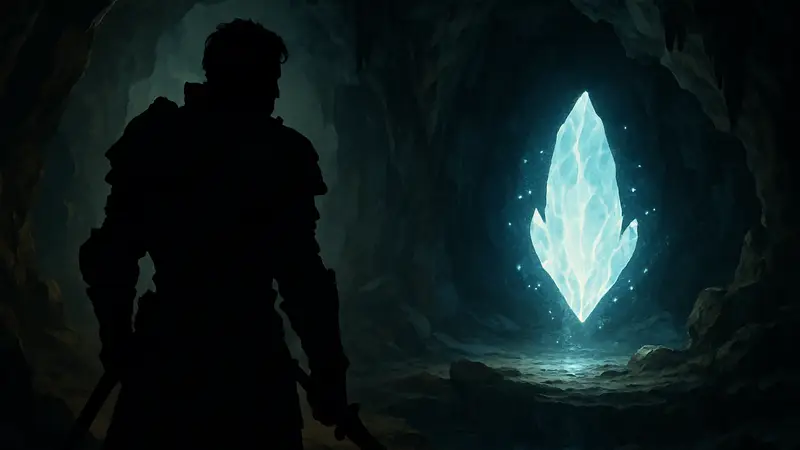 Игровой персонаж из Crimson Desert в фэнтезийной броне, стоящий в тёмной пещере рядом со светящимся кристаллом воспоминаний.