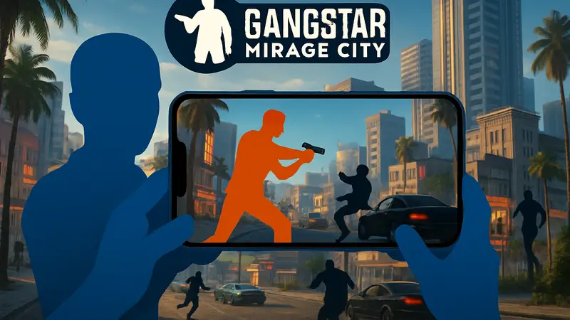 Логотип Gangstar Mirage City, изображение мобильного геймплея в стиле GTA, демонстрирующее экшен и городскую среду.