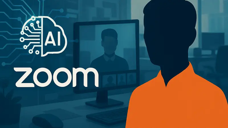 Логотип Zoom с элементами искусственного интеллекта, ИИ-аватар на фоне видеозвонка