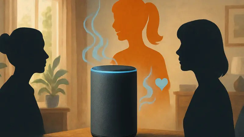 Изображение колонки Amazon Echo с эффектами, символизирующими различные личности Alexa+, такие как "спокойная", "милая" и "краткая" версии.