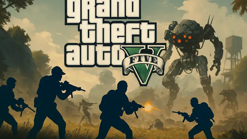 Изображение из игры ARC Raiders, где персонажи сражаются с роботами, на фоне логотип GTA 5.