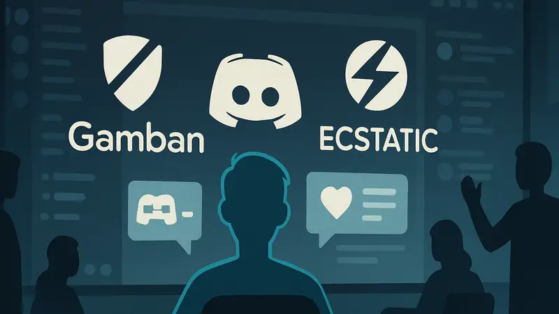 Логотипы Gamban и ECSTATIC на фоне Discord-сервера с текстом о помощи игрокам и безопасном гейминге.