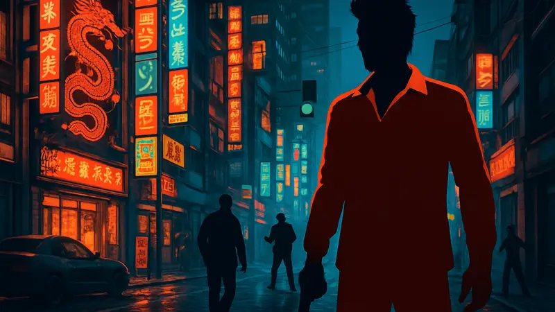 Игровой арт или скриншот Gang of Dragon, демонстрирующий смесь стилей Yakuza и Grand Theft Auto.