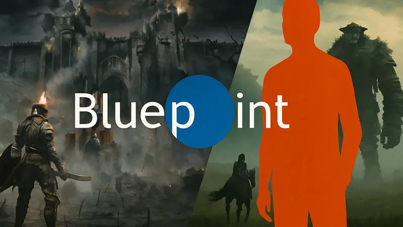 Логотип Bluepoint Games и скриншоты ремейков Demon's Souls и Shadow of the Colossus