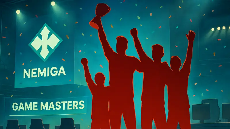 Киберспортивная команда Nemiga на турнире BC Game Masters S1 празднует победу.