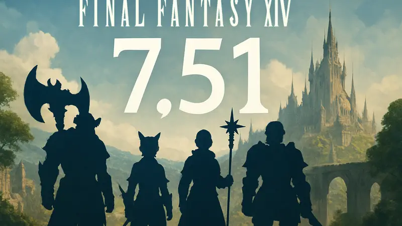 Логотип Final Fantasy 14 с номером патча 7.51 и изображением игровых персонажей.