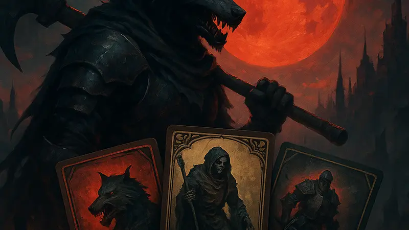 Обложка тактической карточной игры Death Howl в стиле soulslike.