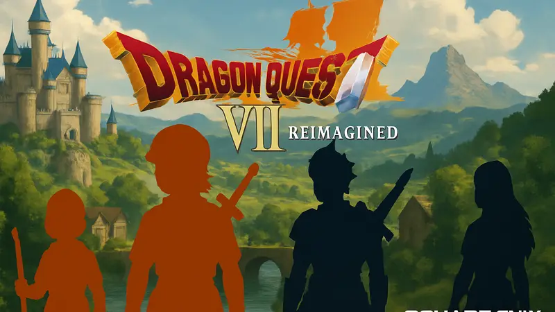 Обложка Dragon Quest 7 Reimagined с главными персонажами и логотипом Square Enix на фоне фэнтези мира