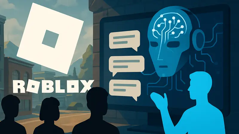 Логотип Roblox и схематичное изображение ИИ-системы, обрабатывающей текстовые сообщения