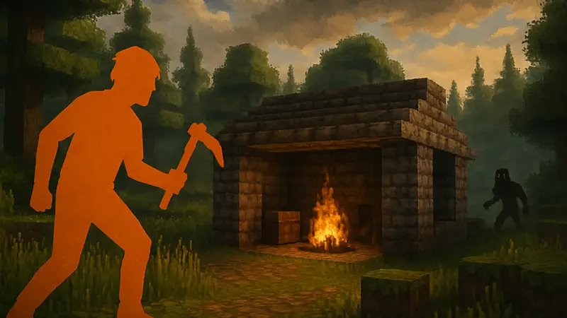 Скриншот игрового процесса Vintage Story, демонстрирующий воксельный мир и элементы выживания.
